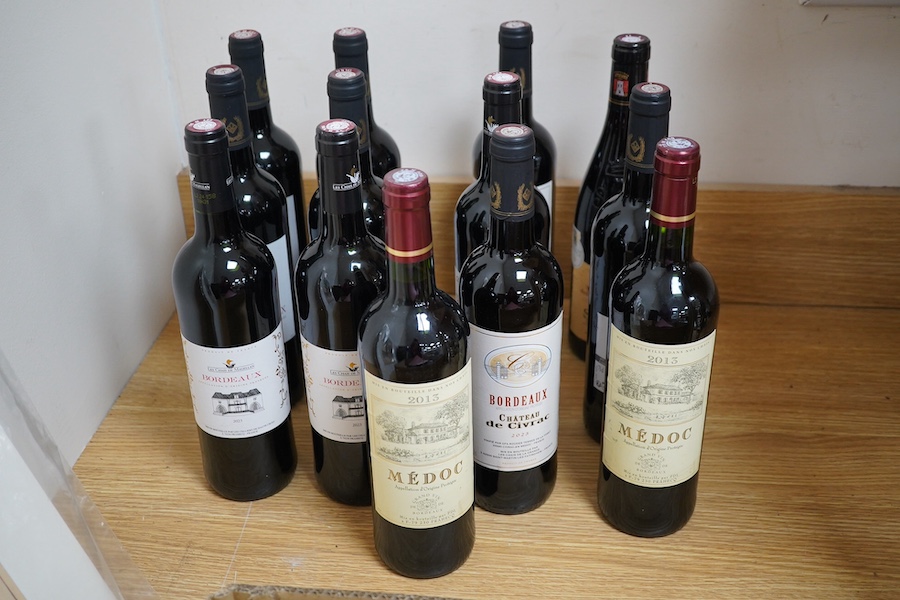 A group of thirteen bottles of various wines including Bordeaux Chateau de Civrac, Medoc Appellation d’Origine Protégée 2013, Les Chais De Magellan Bordeaux 2023, Excellence des Vignerons Sablet Cotes De Rhône Villages 2